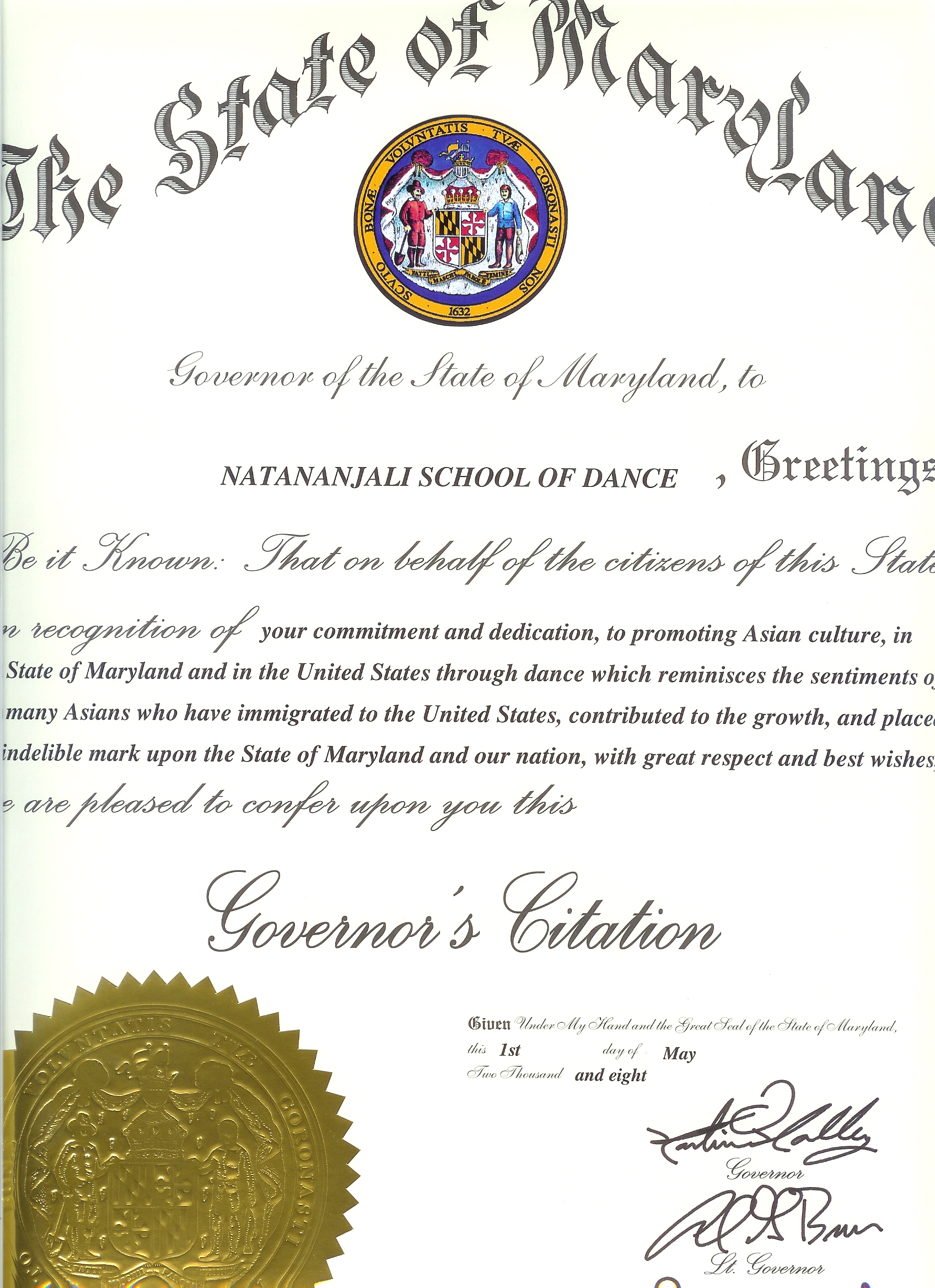 Citation from Maryland's Governor's Office
